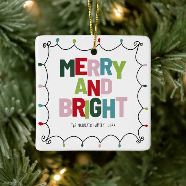 Merry and Bright Colourful Typography Named  Ceramic Ornament (Tree)