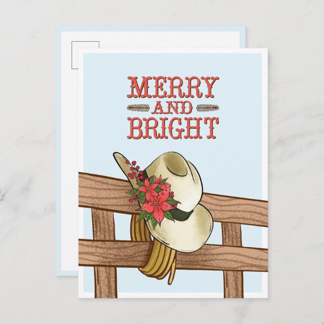 Merry And Bright Cowboy Hat with Flowers Christmas Announcement Postcard (Front/Back)