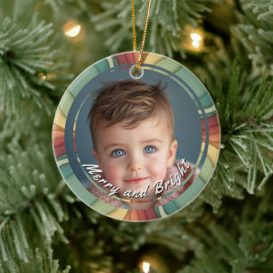 Merry and Bright Custom Child Photo Ceramic Ornament