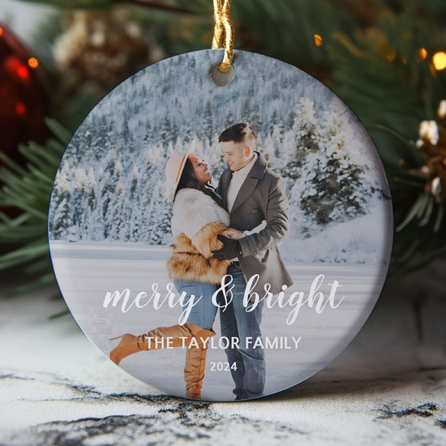 Merry and Bright Custom Couples Photo Christmas  Ceramic Ornament (Creator Uploaded)