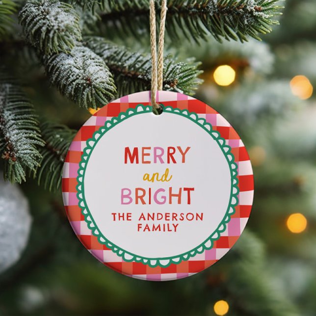 Merry and Bright Custom Holiday Red & Pink gingham Ceramic Ornament (Creator Uploaded)