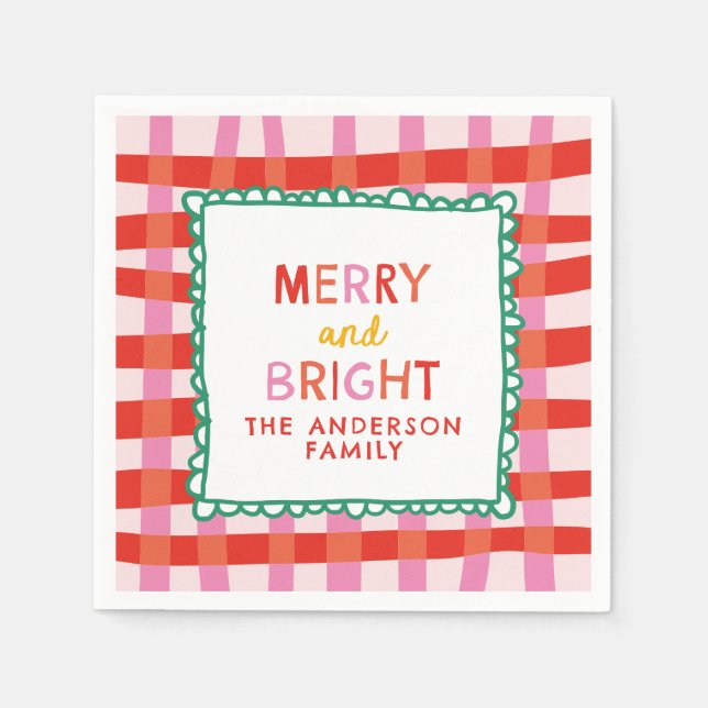 Merry and Bright Custom Holiday Red & Pink gingham Napkin (Front)