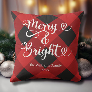 Merry and Bright Custom Red Plaid Christmas Cushion