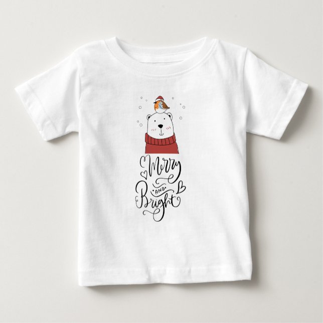 Merry And Bright Cute Baby Christmas Holiday Bear Baby T-Shirt (Front)