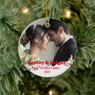Merry and Bright Cute Christmas Couple Photo Ceramic Ornament