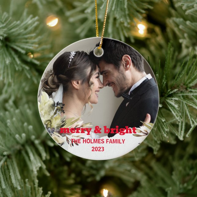 Merry and Bright | Cute Christmas Couple Photo Ceramic Ornament (Tree)