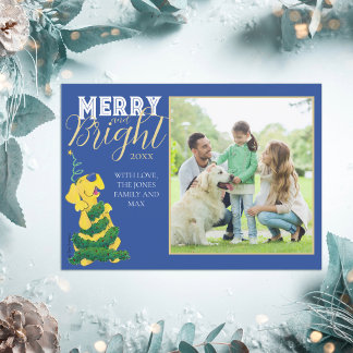 Merry and Bright Cute Dog Blue Fun Family Holiday Card