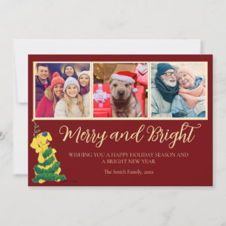 Merry and Bright Cute Dog Classic Dark Red Family Holiday Card