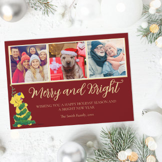 Merry and Bright Cute Dog Classic Dark Red Family Holiday Card