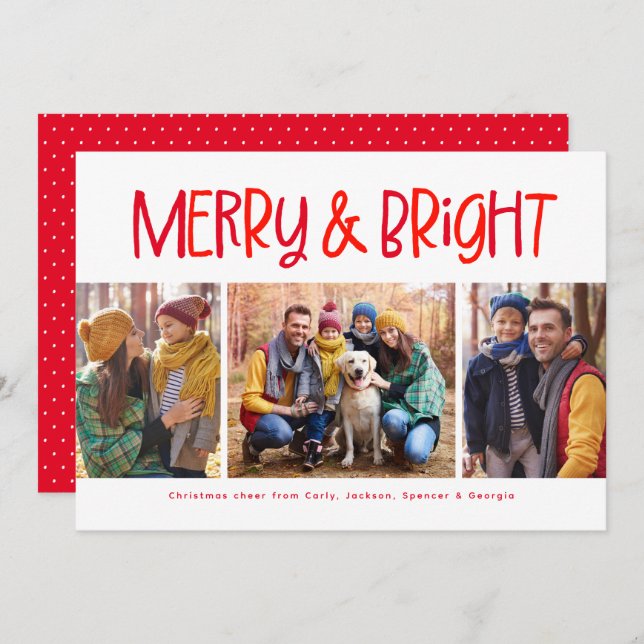 Merry and bright cute fun red Christmas 3 photo Holiday Card (Front/Back)