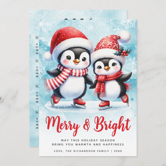 Merry and Bright Cute Penguin Blue Red Christmas Holiday Card (Front/Back)