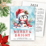 Merry and Bright Cute Penguin Blue Red Christmas Holiday Card<br><div class="desc">Create unique personalised non-photo Christmas cards with a festive design that features a cute penguin in a red Santa hat and scarf sitting with a tiny snowman on a snowy blue background. A Merry & Bright saying and template text for greetings, family name and a year are on the front...</div>