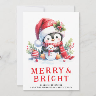 Merry and Bright Cute Penguin Modern Christmas Holiday Card