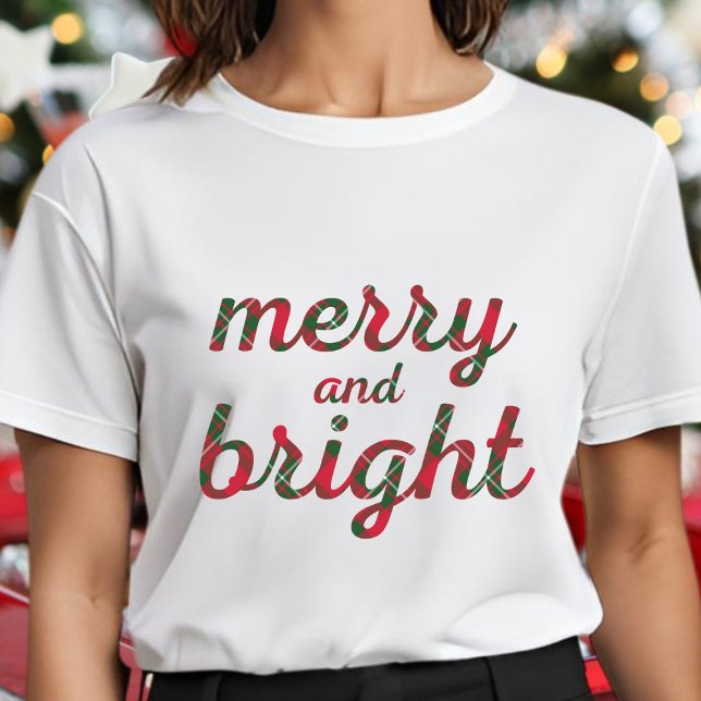 Merry and Bright - cute red green tartan script  T-Shirt (Creator Uploaded)