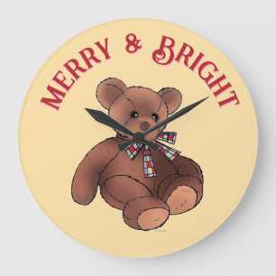 Merry and Bright Cute Teddy Bear Winter Holiday Large Clock