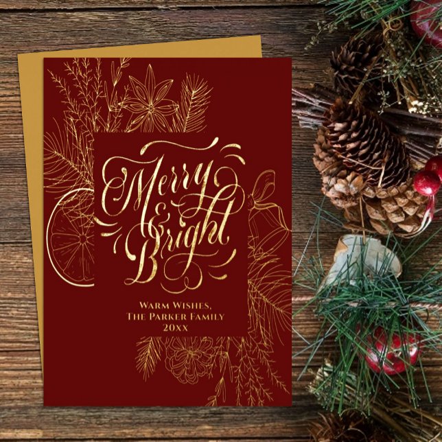 Merry and Bright Elegant Citrus Pine Bough Gold Foil Holiday Card (Creator Uploaded)