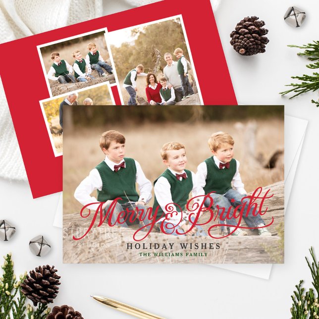 Merry and Bright Elegant Red Script Photo Collage Holiday Card (Creator Uploaded)