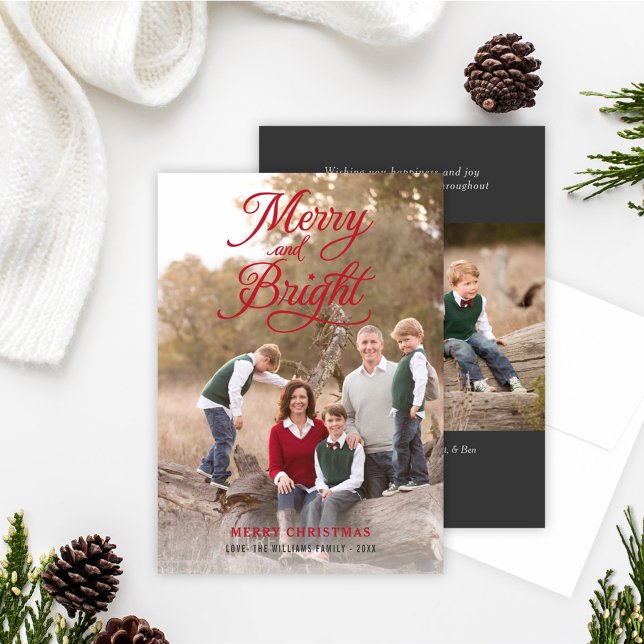 Merry and Bright Elegant Red Script Photo Collage Holiday Card (Creator Uploaded)
