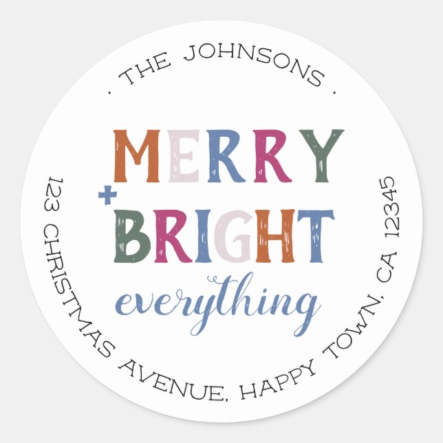 Merry and Bright Everything Christmas Address Classic Round Sticker (Front)