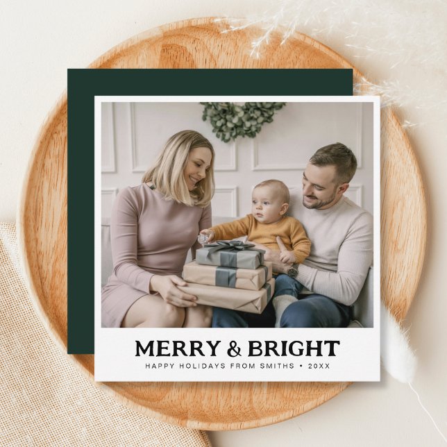 Merry and Bright Family Christmas Photo Green Holiday Card (Creator Uploaded)