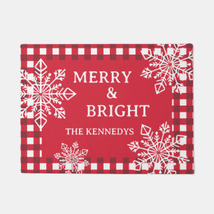Merry And Bright Family Name Red Plaid Snowflake Doormat