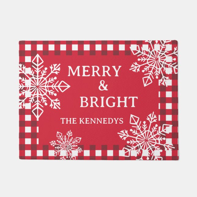 Merry And Bright Family Name Red Plaid Snowflake Doormat (Front)