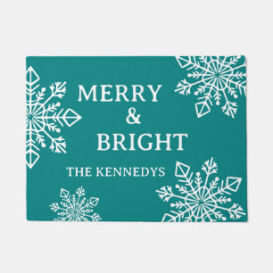 Merry And Bright Family Name Snowflake Teal Doormat