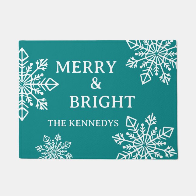 Merry And Bright Family Name Snowflake Teal Doormat (Front)