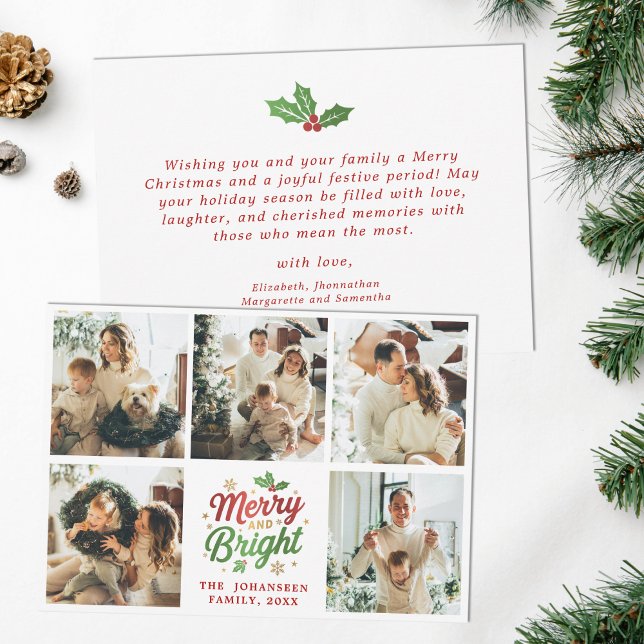 Merry and Bright Family Photo Collage Christmas Holiday Card (Creator Uploaded)