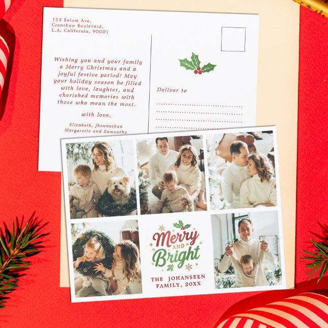 Merry and Bright Family Photo Collage Christmas Postcard (Creator Uploaded)