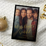 Merry and Bright family photo modern Christmas  Holiday Card<br><div class="desc">Simple custom family photo "Merry Bright & Grateful together" (changeable) faux gold script Christmas holiday card template with a black frame.                       Easy to personalise with your picture,  text,  family name,  and your wishes on both sides!</div>