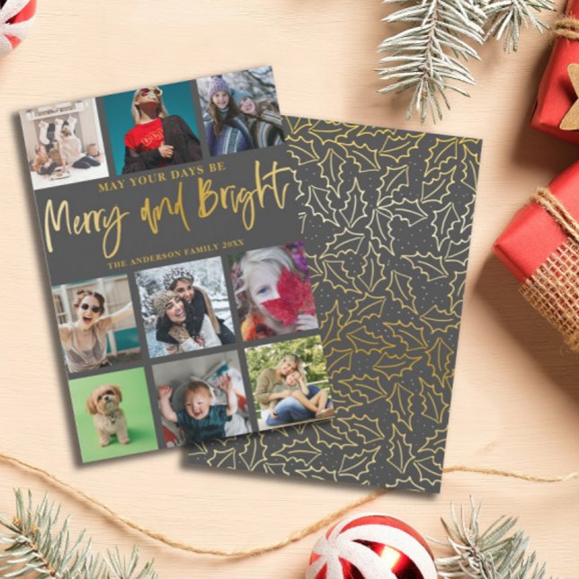 Merry and Bright Faux Gold 9 Photo Christmas  Holiday Card (Creator Uploaded)