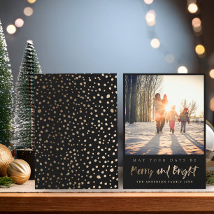 Merry and Bright Faux Gold & Black Photo Christmas Holiday Card