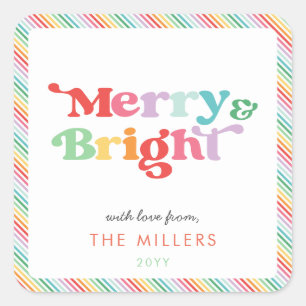 Merry And Bright Festive Colourful Retro Minimal Square Sticker