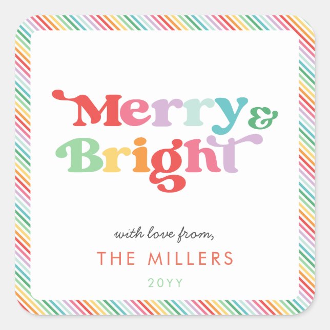 Merry And Bright Festive Colourful Retro Minimal Square Sticker (Front)