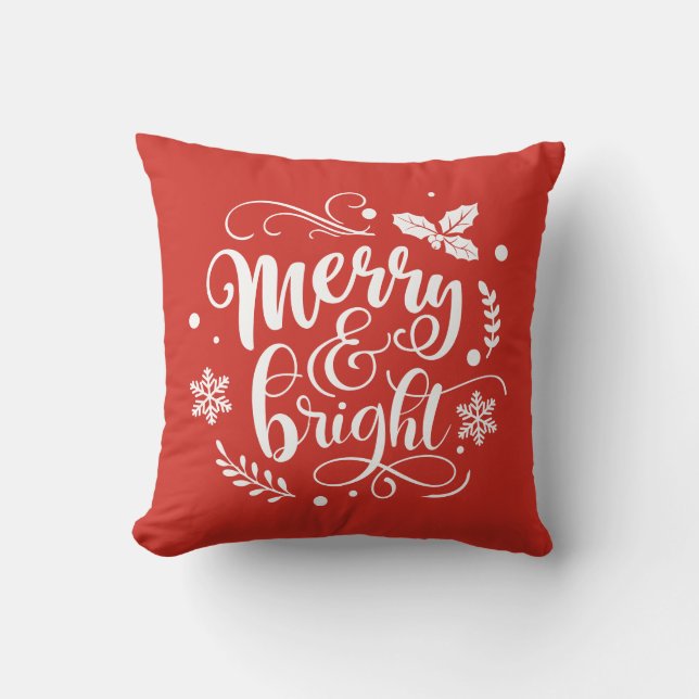 Merry and Bright Festive Red Holiday Cushion (Front)