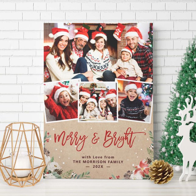 Merry and Bright Floral 4 Photo Christmas Kraft Holiday Card (Creator Uploaded)