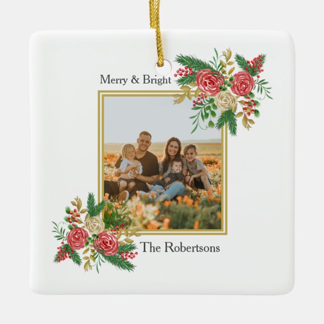Merry and Bright Floral Family Photo Ceramic Ornament (Front)