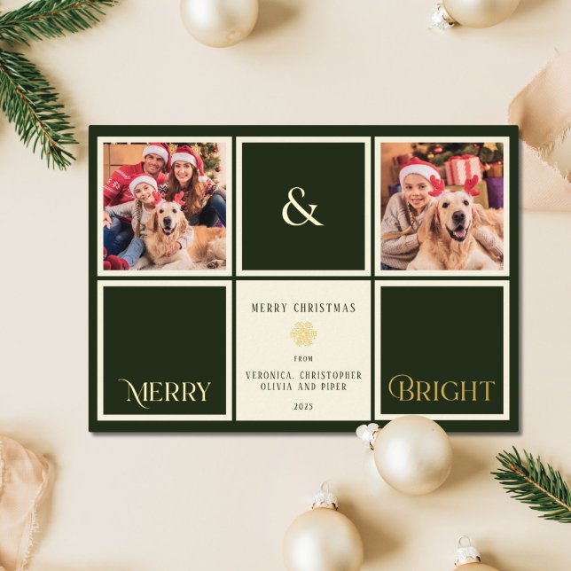 Merry And Bright Forest Green Gold Foil 2 Photo  Foil Holiday Card (Creator Uploaded)