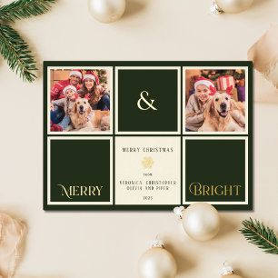 Merry And Bright Forest Green Gold Foil 2 Photo Holiday Card
