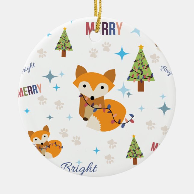 Merry and Bright Fox Ceramic Tree Decoration (Front)