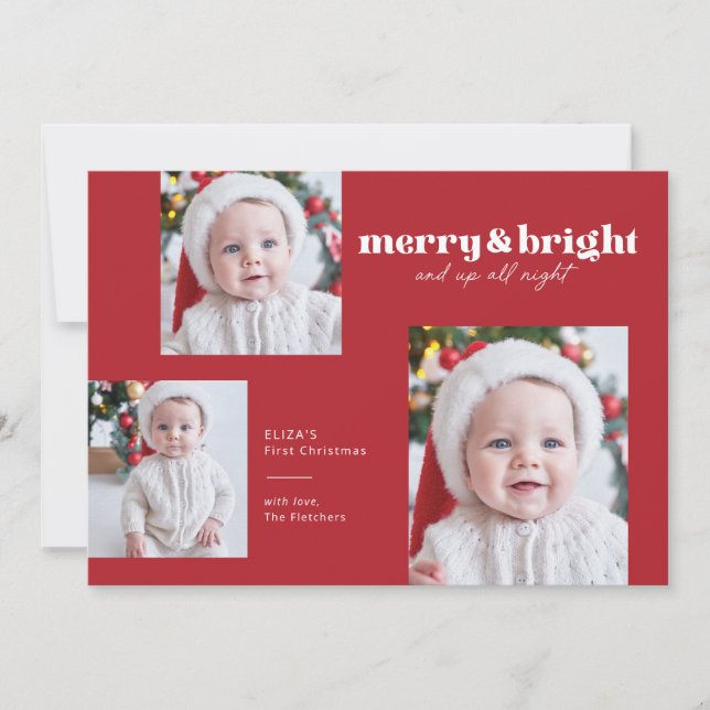 Merry and Bright Funny Babys First Christmas Card (Front)