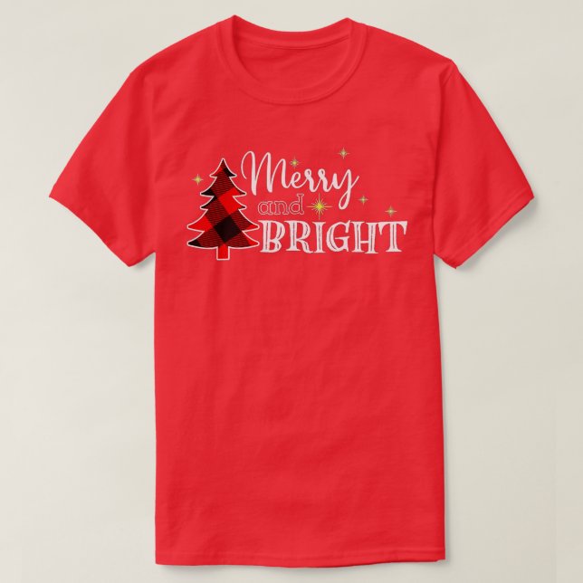 Merry And Bright Funny Xmas Trees Buffalo Plaid Re T-Shirt (Design Front)