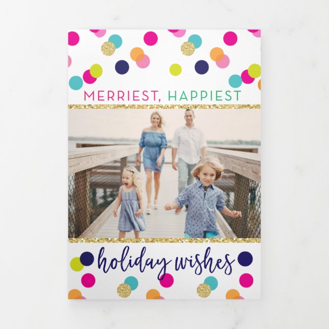 Merry and Bright Glitter Confetti Christmas Tri-Fold Holiday Card (Cover)