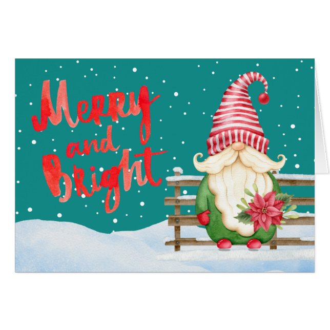 Merry and Bright Gnome Holiday Greeting Card (Front Horizontal)