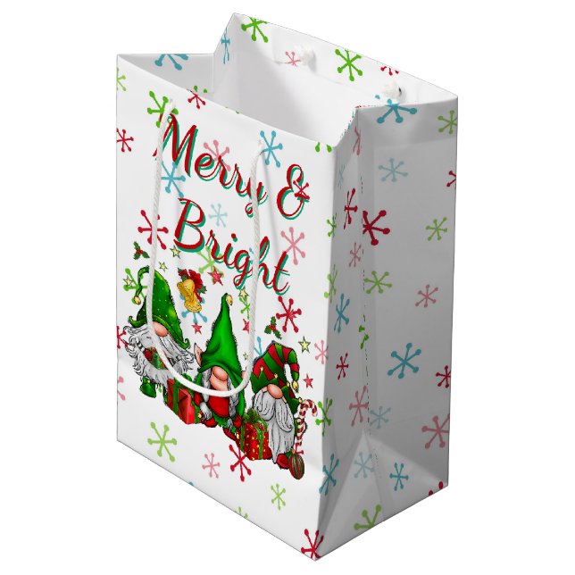 Merry And Bright Gnomes Medium Gift Bag (Front Angled)