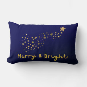 Merry And Bright Gold And Navy Blue Script Lumbar Cushion