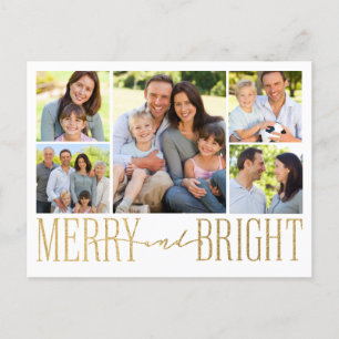 Merry and Bright Gold Foil Photo Collage Holiday Postcard