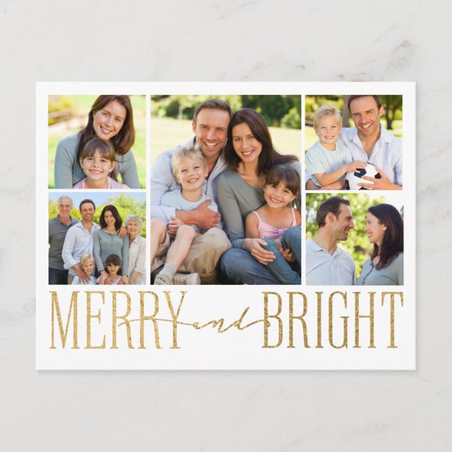 Merry and Bright Gold Foil Photo Collage Holiday Postcard (Front)
