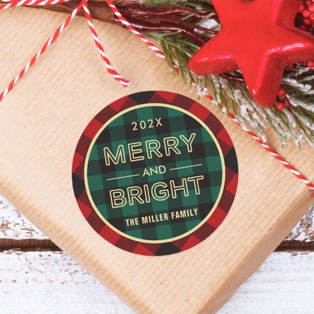 Merry and Bright Gold Green Red Plaid Classic Round Sticker (Creator Uploaded)
